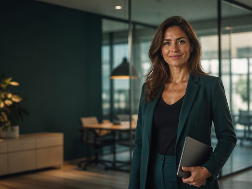 Administradora em escritório corporativo, de blazer, com um tablet na mão