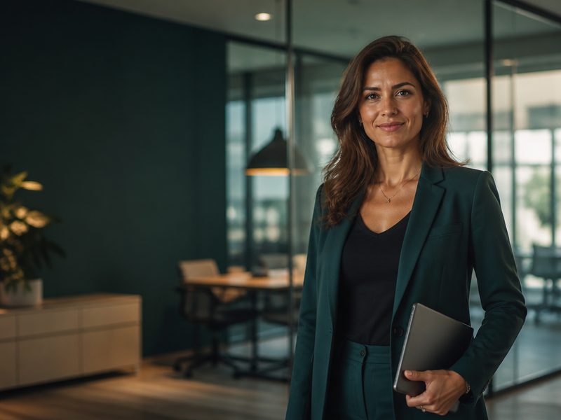 Administradora em escritório corporativo, de blazer, com um tablet na mão