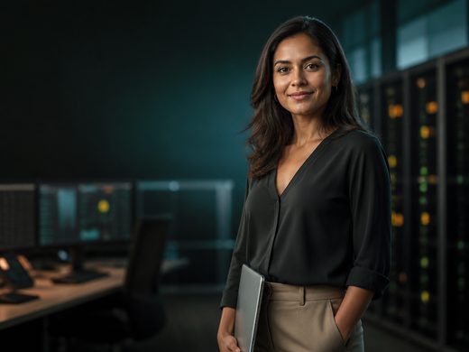 Analista de sistemas em sala de operações de tecnologia, com um notebook fechado ao lado do corpo