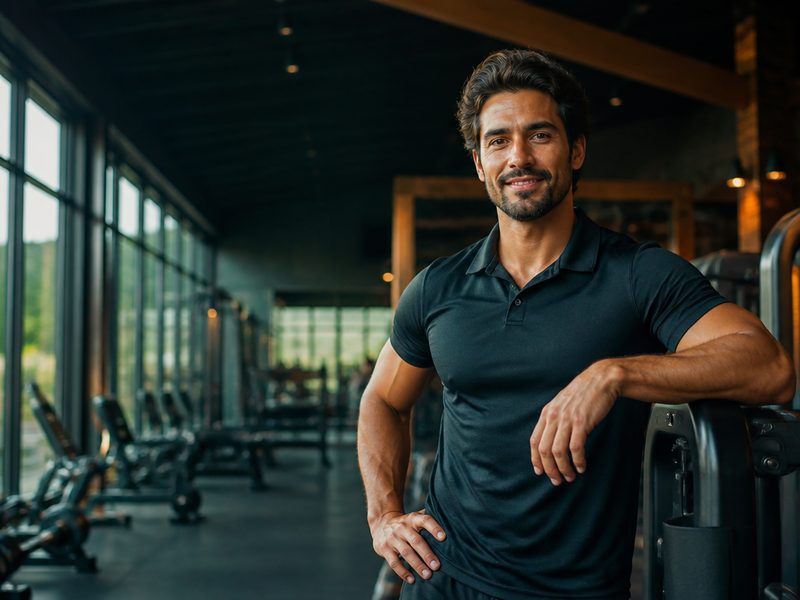 Personal trainer em academia moderna, de camisa polo, com a mão apoiada em um aparelho de musculação