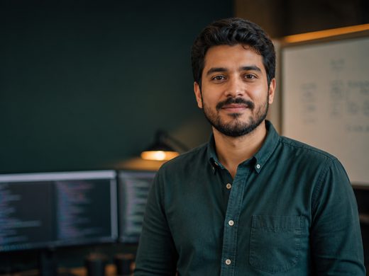 Estudante de Engenharia de Software acompanhando o curso pelo notebook em casa, com caderno de anotações ao lado