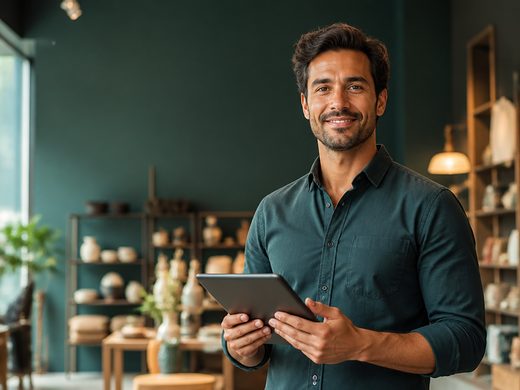 Gerente comercial em loja moderna, de camisa social, com um tablet na mão