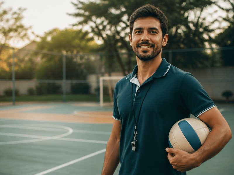 Professor de educação física em quadra de escola, de camisa polo e apito, com uma bola de vôlei sob o braço