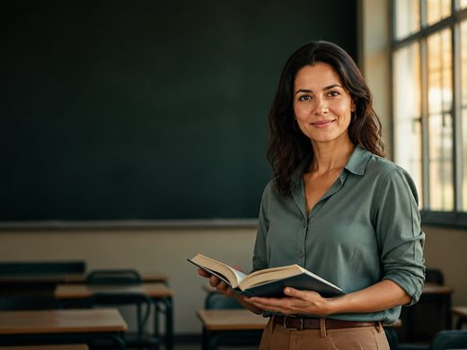 Professora de língua portuguesa em sala de aula, com um livro aberto na mão