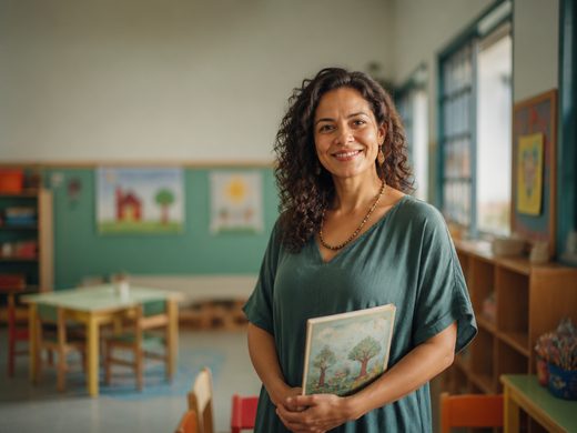 Professora de educação infantil em sala de aula colorida, com um livro ilustrado na mão