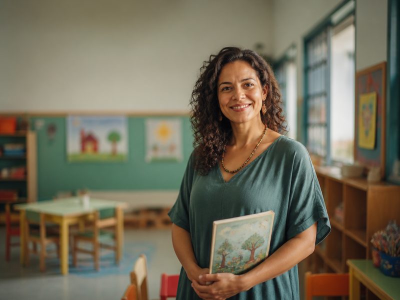 Professora de educação infantil em sala de aula colorida, com um livro ilustrado na mão